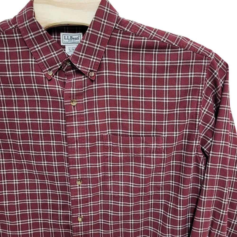 LL Bean Men's Flannel Shirt XL Tall Burgundy‎ Plaid Cotton Button Down Classic